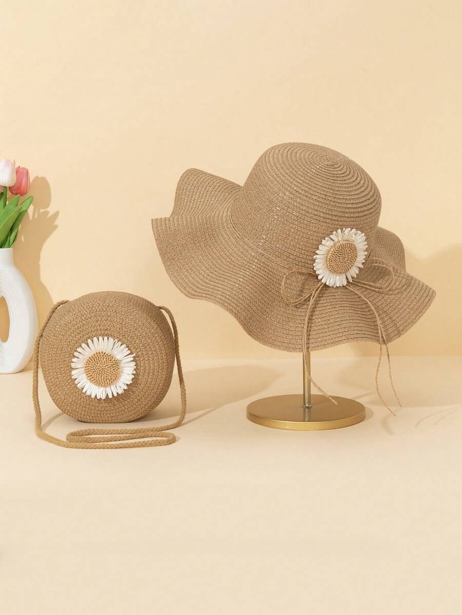 2pcs/1pc Women Khaki Wavy Sunflower Beach Sun Hat & Straw Crossbody Bag & Coin Purse Set, Suitable For Daily, Vacation, Travel - Multicolor - View 1