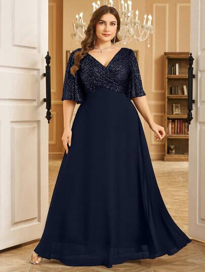 UNITHORSE Plus Size Elegant V-Neck Ruched Sleeve Front Ruched Sequin Splice Chiffon Flounce Dress Party Dress Wedding Guest Dress Formal Dress Evening Dress, Bride Dress, Birthday Women Outfits, Graduation Dress, Gown
