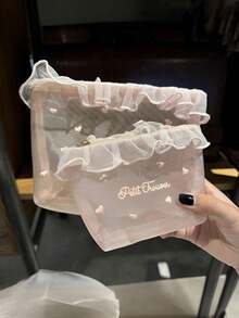 1pc Portable Women's Makeup Bag With Heart Embroidery & Mesh Fabric (Accessories Not Included), Mini Travel Cosmetic Case, Makeup Brush Holder, Cosmetic Storage Box, Travel Essential, Women's Accessory, Travel Supplies. Makeup Bag, Cosmetic Bag, Cosmetic Storage Box, Travel, Cosmetic Pouch, Bag, Vanity, Cosmetic Pouch, Travel Essential, Makeup Bag - Pink - View 1