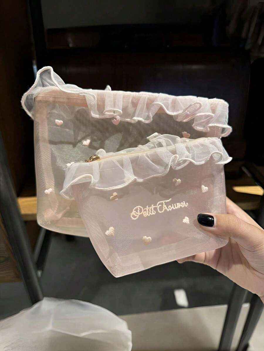 1pc Portable Women's Makeup Bag With Heart Embroidery & Mesh Fabric (Accessories Not Included), Mini Travel Cosmetic Case, Makeup Brush Holder, Cosmetic Storage Box, Travel Essential, Women's Accessory, Travel Supplies. Makeup Bag, Cosmetic Bag, Cosmetic Storage Box, Travel, Cosmetic Pouch, Bag, Vanity, Cosmetic Pouch, Travel Essential, Makeup Bag - Pink - View 1