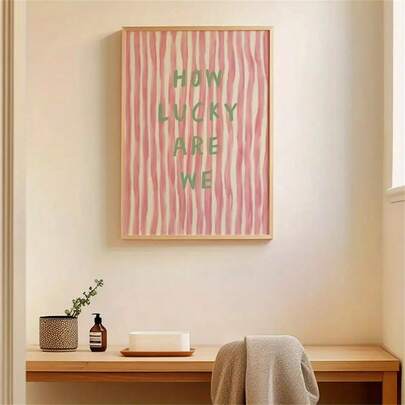 1 Parça Ne Kadar Şanslıyız Baskılı Duvar Sanatı - Modern Pembe ve Yeşil Çizgili Kanvas Poster, Yatak Odası, Oturma Odası, Mutfak, Banyo İçin Dikey İlham Verici Söz Dekoru - Ev ve Ofis İçin Sevimli ve Pozitif Bir Hediye, Yatak Odası Duvar Dekoru | Minimalist Poster | İsteğe Bağlı Çerçeve, Duvar Sanatı Baskıları, Cadılar Bayramı, Noel, Yeni Yıl Dekoru