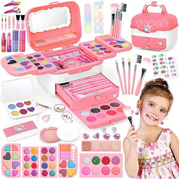 1 pezzo Set di trucco finto per bambini, valigetta per cosmetici da principessa con rossetto, ombretti, pennello, regalo di compleanno per ragazze