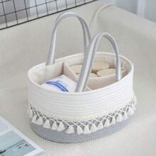 1pc Baby Diaper Storage Basket, Toy Organizer Basket With Tassel Handle, Handwoven Divided Portable Design