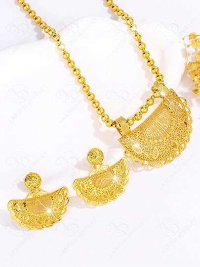 Conjunto de joyería nupcial de moda de Oriente Medio bañado en oro de 24K con diseño geométrico floral hueco, conjunto de joyería de cobre con cuentas de 2 piezas para boda