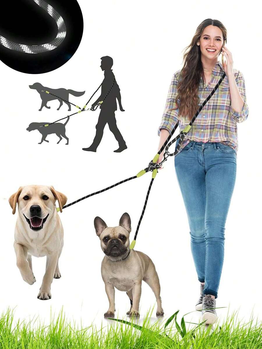 1pc Nylon Material 2-Way Glow-In-The-Dark Pet Leash, Double-Ended Dog Walking Leash Frees Up Hands For Jogging & Walking, Suitable For 2 Pets