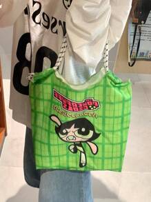 THE POWERPUFF GIRLS Japanese Style Versatile Cartoon Canvas Bag, Tote Bag For Women With Large Capacity, Shoulder Bag, Embroidered Beach Bag, Nylon Shopper Bag