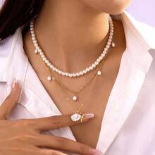 3pcs/Set Starfish Beaded Necklace Set, Multi-Layer Necklaces, Suitable For Casual Wear And Summer Beach - Golden - View 1