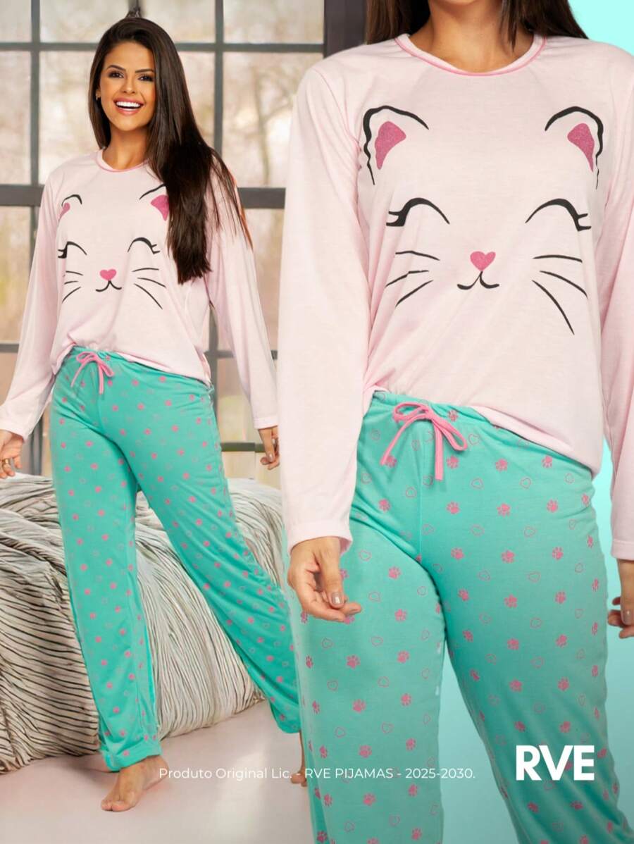 Pijama Feminino Inverno Longo  Cordão falso  Fofo  elegante  Luxuoso  Mulher casual  Young casual  Tecido de malha  Manga Comprida Gatinha Brilhosa Fofinha