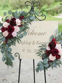 Set de 2 flores artificiales de arco de boda de color vino tinto, decoración de cartel de bienvenida y flores de arco de recepción de boda (vino tinto y sonrojo) - Multicolor - Ver 2