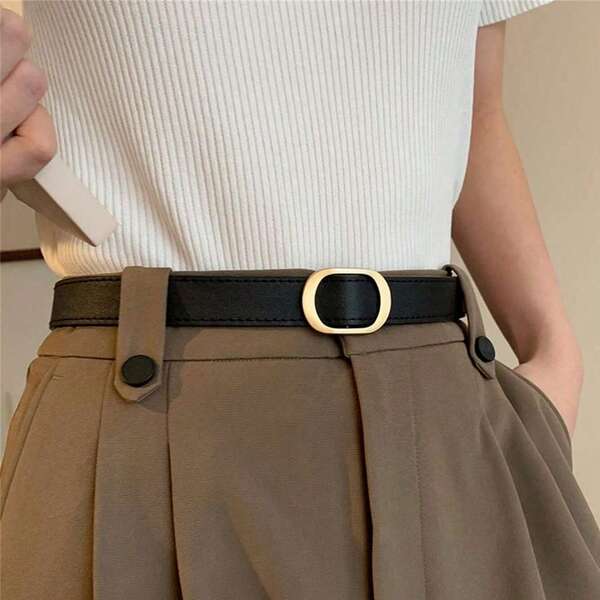 Cinto de couro estilo coreano moderno para mulheres, design minimalista decorativo sem furos, cinto versátil adequado para jeans, visual elegante de estudante, verão, outono escolar, Halloween