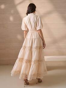 Elegant Flower Lace Splice Full Opening Button Decor Women A-Line Dress - Apricot - View 2