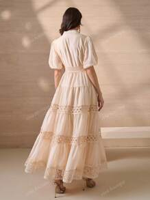 Elegant Flower Lace Splice Full Opening Button Decor Women A-Line Dress