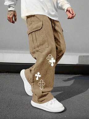 1pc Multi-Pocket Cargo Pants For Men, Loose Fit Cross Printed, Suitable For Beach, Casual, Sports, Outdoor, Jogging, Relaxed Straight Leg Trousers, All Season, Fashion Street Style, Gift For Boyfriend, Husband