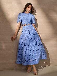 Elegant Fashion 2pcs/Set Women's Crop Top And A-Line Skirt Suit, Stylish And Youthful - Blue - View 3