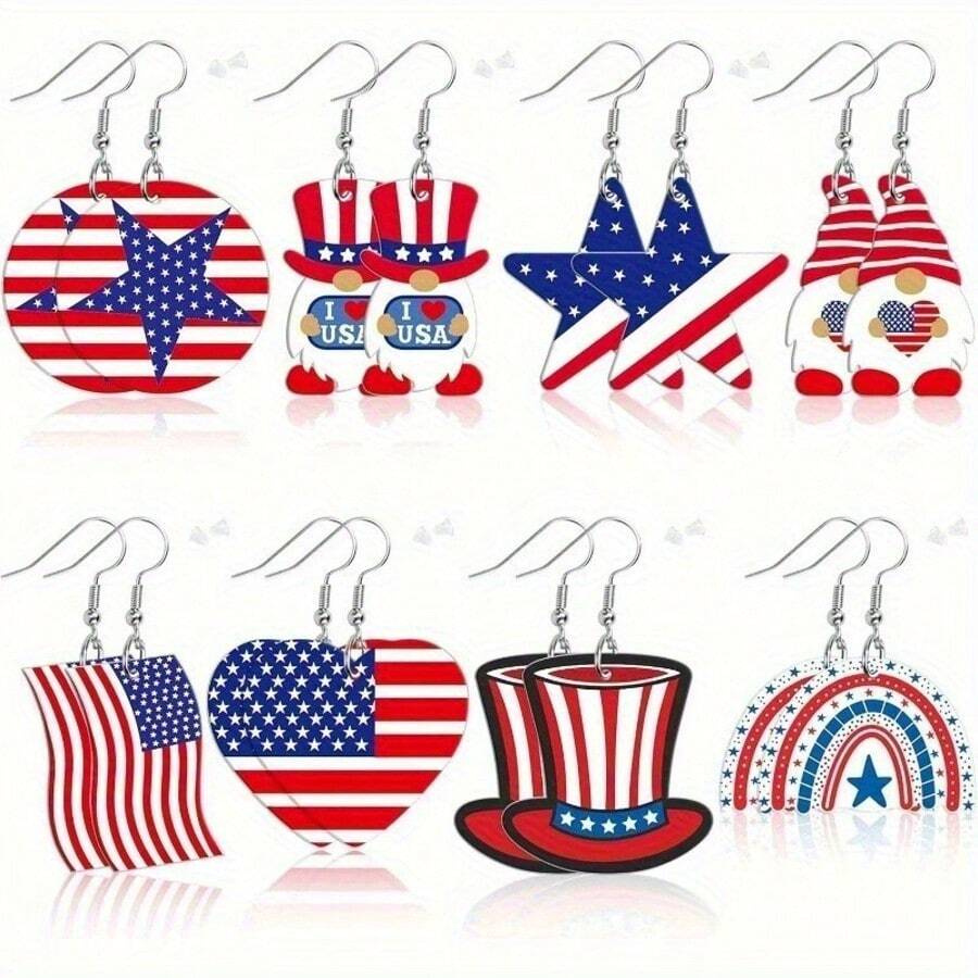 8 Pairs Of Patriotic American Flag Earrings For Women - July 4th Memorial Day Gift, Acrylic Earrings With Star Stripes, Tattoos, Uncle Sam Hat And Top Hat Design - 八對 - 查看 1