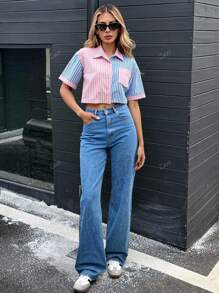 Women Patchwork Color Stripe Loose Casual Short Sleeve Shirt Blouse