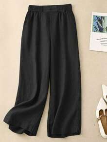 Women's Elastic Waist Linen Long Pants, Breathable Hand-Stitched Button Detail Casual Trousers, Suitable For Spring, Autumn And Summer Black - Black - View 5