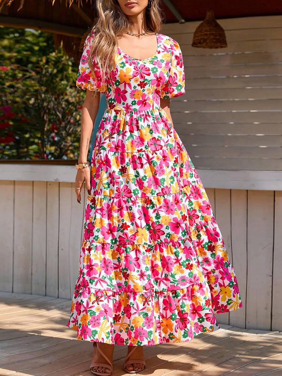 Women's Dress, Puffed-Sleeve Floral Casual Summer Dress, Pleated Back, Beach Flowing, Layered Long Sundress - 白底彩花 - 查看 1