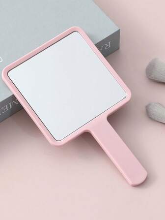 1 pieza Espejo de mano de maquillaje cuadrado minimalista, espejo de mano compacto y conveniente, espejo de maquillaje rosado y femenino