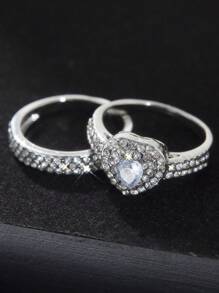 2 peças/Conjunto de Anéis Joias para Mulheres, Pavimentado Completamente com Brilhante Coração de Pedra CZ, Acessórios de Moda para Dedos, Anéis de Noivado