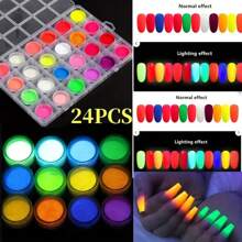 24 Farben Neon-Leuchpuder Geschenkbox-Set aus Harz, Leuchtpulver zum Selbermachen für Nail-Art Deko, Wasserfarben-Nagellack-Bemalung mit Glitzer, lang anhaltend glänzende Nageldekorationen - Nagelstudio für Zuhause