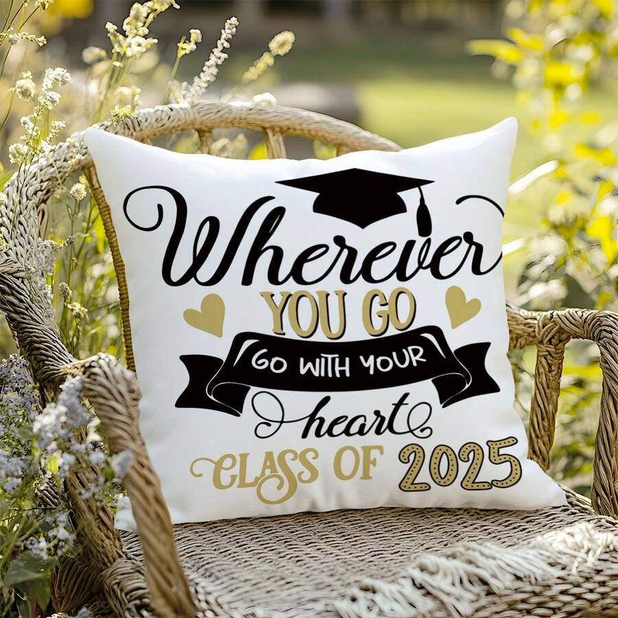 1pc Graduation Season Simple Blessing Message Printed Decorative Pillow Cover [No Pillow Insert], 17.7*17.7in(45*45cm), [Single-Sided Printing] Polyester Cushion Cover, Room Decor, Home Decor, Bedroom Decor, Room Decoration Stuff, For Sofa, Bed, Living Room, Bedroom, Car, Office, Hotel Decoration, Throw Pillow Covers For All Seasons, Perfect Gift For Family And Friends