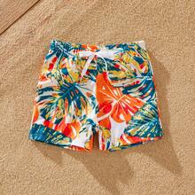 PP Family Matching Orange And All Over Tropical Plant Print Splicing Ruffle One-Piece Swimsuit And Swim Trunks Shorts - Orange - View 6