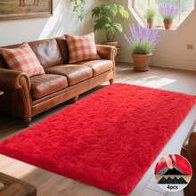 Shaggy Area Rug For Living Room, Plush Fuzzy Rug For Bedroom, Large Red Shaggy Soft Indoor Throw Carpet, Modern Home Decor Aesthetic, Non-Slip Base, Great Gift For Mother's Day, Housewarming & Easter, Dry Clean Only, With 4 Carpet Stickers - 紅色 - 查看 6