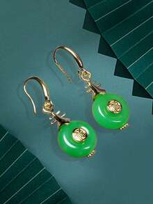1pc Natural Jade Green Color Amulet Hoop Earrings, Vintage Plated Gold Inlay Lady Elegant Jade Earring Pendant, Gift & Everyday Wear - Green - View 9