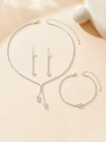 Conjunto de joyería de 4 piezas de collar, aretes y pulsera con diseño minimalista y de moda, con cadenas con garras de cobre y diamantes, perfecto para ocasiones formales
