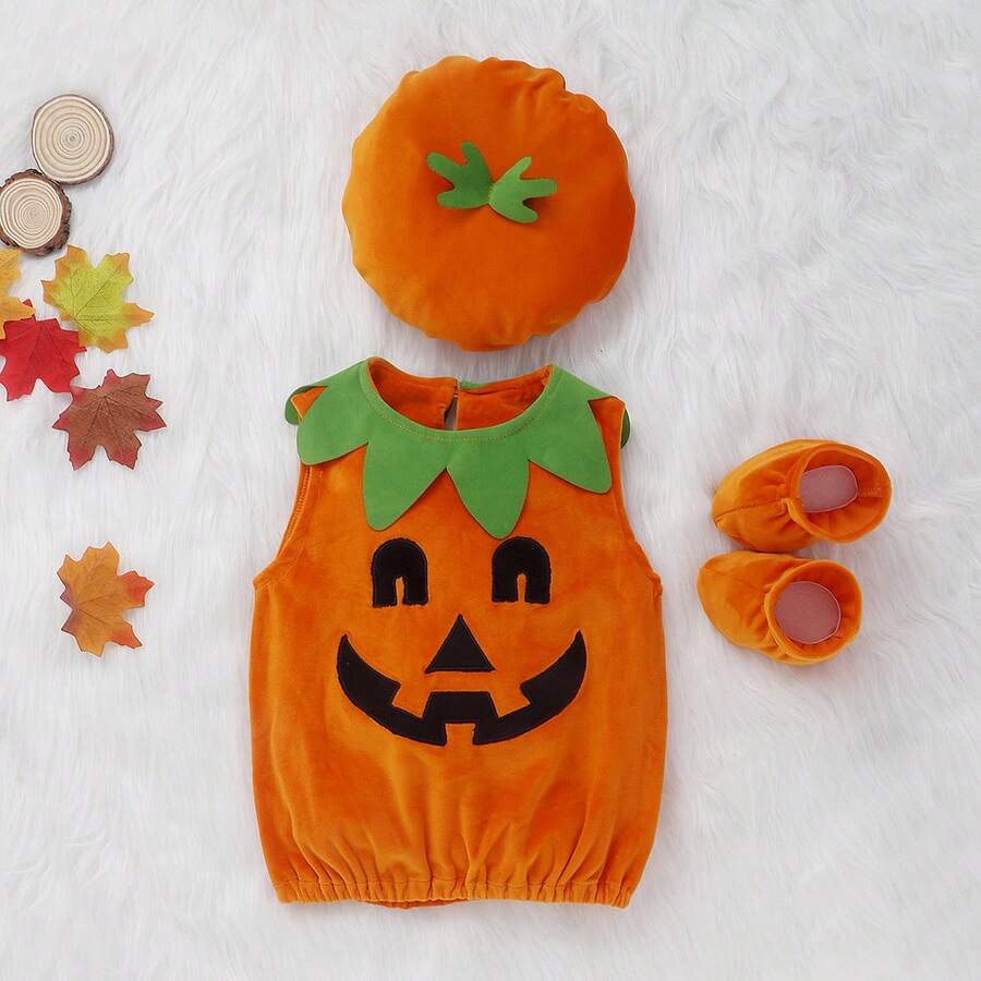 Newborn Baby Boy Girl Halloween Pumpkin Costume Sleeveless Top+Sock Shoes+Hat Party Cosplay Costume - Orange - View 1