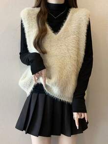 Women's Autumn/Winter Elegant Fluffy Minimalist V-Neck Pullover Vest - Apricot - View 1