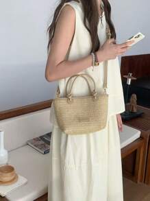 Bolso de paja mini para playa y vacaciones, bolso de hombro y de cesta tejida con nudo, bolso de compras de vacaciones elegante para damas y niñas