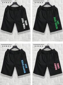 Personalized Text Customized Men's Shorts, Spring/Summer Versions, Customize Your Text/Name/Slogan/Fun Message/Blessing, Men's Black Casual/Sports Shorts, Suitable For Couples, Pranks, Surprise Gifts, Boyfriend Style Sportswear - Black - View 2