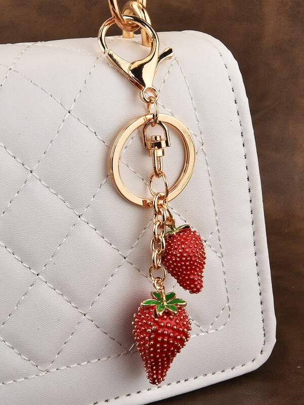 3D Delicious Fruit Red Strawberry Pendant Keychain Cute Strawberries Strings Charms Keyring For Men Women Key Holder Backpack Handbag Ornament Accessories Gift Trinket