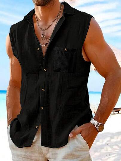 男士黑色无袖休闲运动衬衫 - 带纽扣、领子、适合夏季度假和户外穿着、涤纶、可机洗、沙滩衬衫 | 纽扣衬衫 | 闪亮纹理