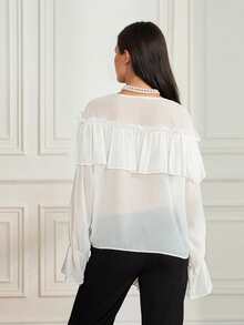 Women's Long Sleeved Shirt, Solid Color Pleated V-Neck Chiffon Shirt, Spring Loose Casual Top Street Wear, Suitable For Outdoor Travel, New Year's, Christmas, Valentine's Day Gifts, Classic Elegance,  , Autumn And Winter Clothing - Ivory - View 9