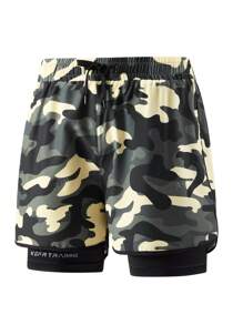 Pantalones cortos de mujer 2 en 1 con estampado de camuflaje y cordón en la cintura, pantalones deportivos y casuales