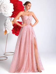 ADYCE 亮片露背高开衩系带镂空露肩派对晚礼服、长袍、正式礼服、婚礼宾客礼服