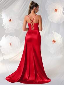 ADYCE 深 V 领细肩带舞会礼服，高开叉，高腰露背，系带设计，适合舞会、晚会或活动、超长派对礼服、婚礼宾客礼服、正式礼服、晚礼服