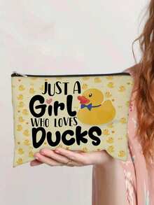 1 Peça Bolsa de Maquiagem Fofa de Pato, "Apenas Uma Garota Que Ama Patos" Bolsa de Maquiagem com Padrão de Pato Amarelo & Branco, Bolsa Portátil de Armazenamento de Artigos de Toalete para Viagem, Organizador de Cosméticos, Presente Criativo para Mulheres - Multicolorido - Visão 7