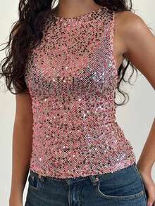 Women's Sequin Tank Tops Slim Fit Sheer See Through Stylish Solid Casual Sleeveless Vest For Summer  Spring - 粉色 - 查看 4
