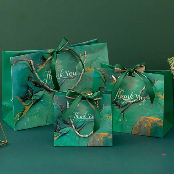 Buste regalo di carta verdi con fiocco, borse per negozi di abbigliamento, borse regalo a tema naturale
