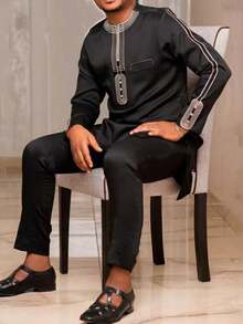 Traje tradicional para hombre, conjunto de 2 piezas con chaqueta de manga larga bordada de estilo africano y pantalones casuales para fiesta festiva - Negro - Ver 2