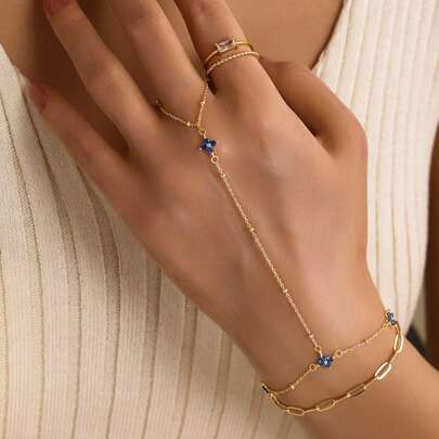 1 件 S925 纯银镶钻石和蓝色锆石四叶草手链，电镀 14K 金纯银首饰防过敏，串珠链条四叶草戒指手链，适合女性日常佩戴和夏季海滩度假佩戴，适合作为送给女朋友和妈妈的礼物