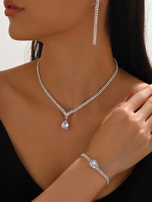 4 件套多功能水钻水滴吊坠项链、耳环、手链首饰套装，适合女士、派对佩戴