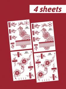 4pcs Henna Lace Floral Mandala Waterproof Temporary Tattoo Sticker, For Women, Suitable For Festivals, Parties, Weddings, Makeup Performance, Multi-Scene Design