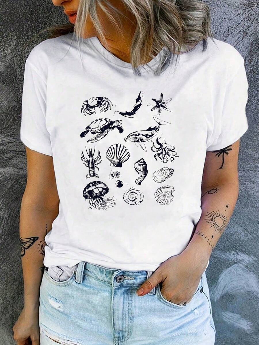 Women Plain Crew Neck Short Sleeve Marine Life Print Casual Loose T-Shirt - White - View 1
