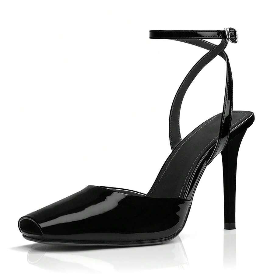 Stiletto Heels For Women Dressy Square Open Toe Strappy High Heel Sandals Ankle Strap Peep Toe Pumps - 黑色 - 查看 1