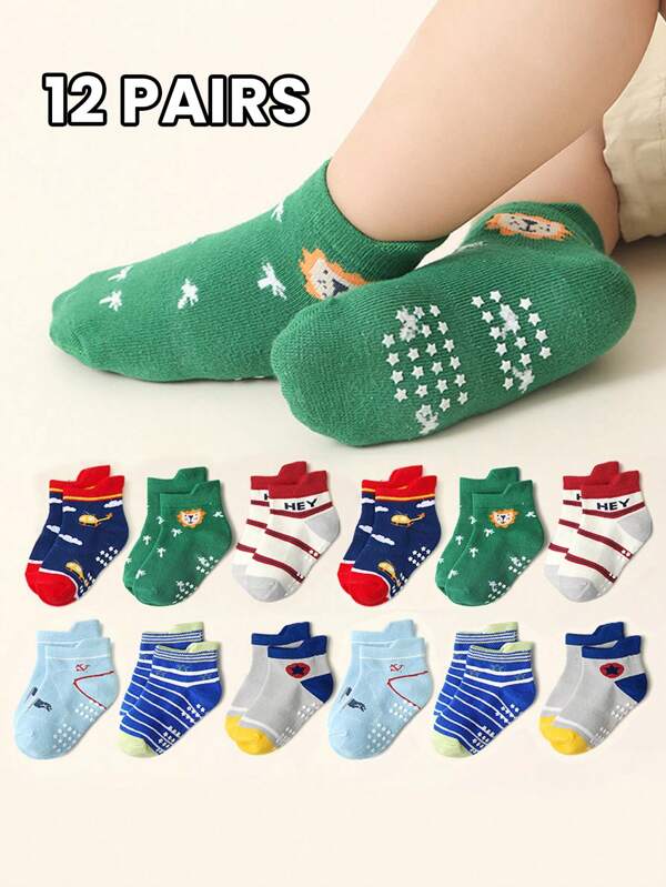 12 Pairs Anti-Slip Soft Summer Baby Boys' Socks, Cartoon Design Trampoline & Toddler Socks